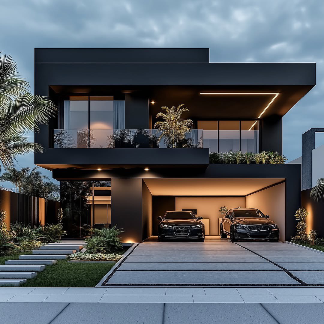 Luxury modern home with sleek black exterior and ambient lighting