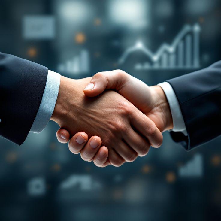 Professional business handshake representing partnership and trust with growth chart in background