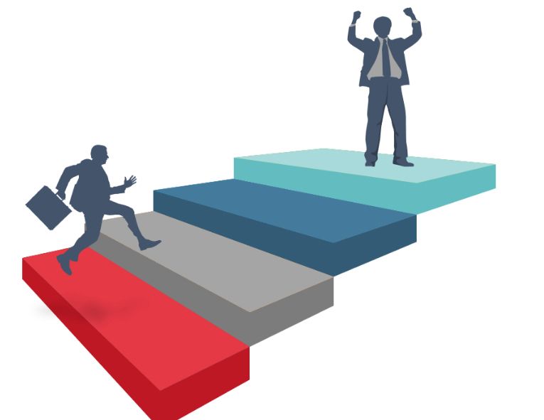 Business growth journey - person climbing steps to success with another celebrating at the top