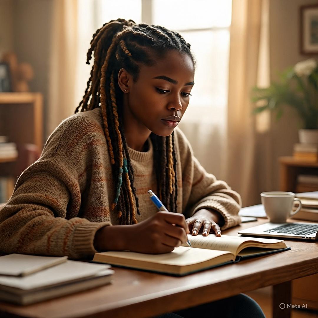 Emily Rodriguez - Professional woman with braided hair writing in notebook