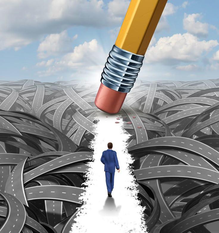 Business person walking on clear path through complex maze with pencil eraser clearing obstacles - representing Alow's solution-focused approach